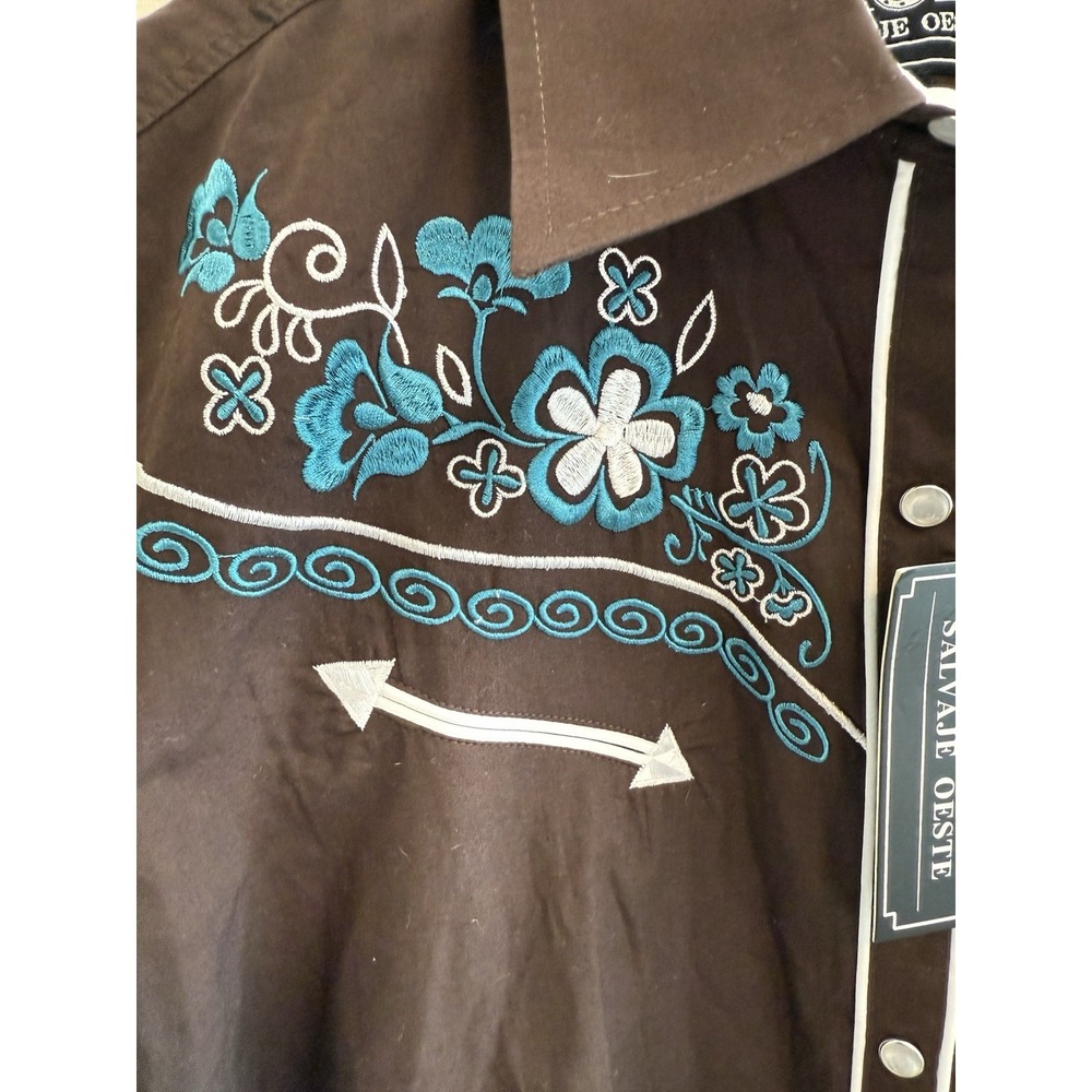 Salvage Oeste Cowboy Western Shirt Floral Embroidery Brown Size L - Picture 2 of 8